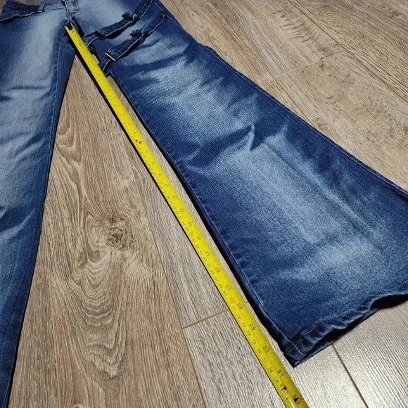 Tall Y2K bleached dark wash flared jeans with thigh buckles ✦ XXS - Picture 7 of 7